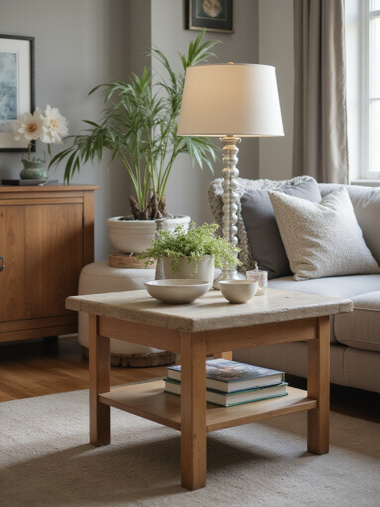 A well-styled end table with decor that matches its scale in a cozy living room setting.