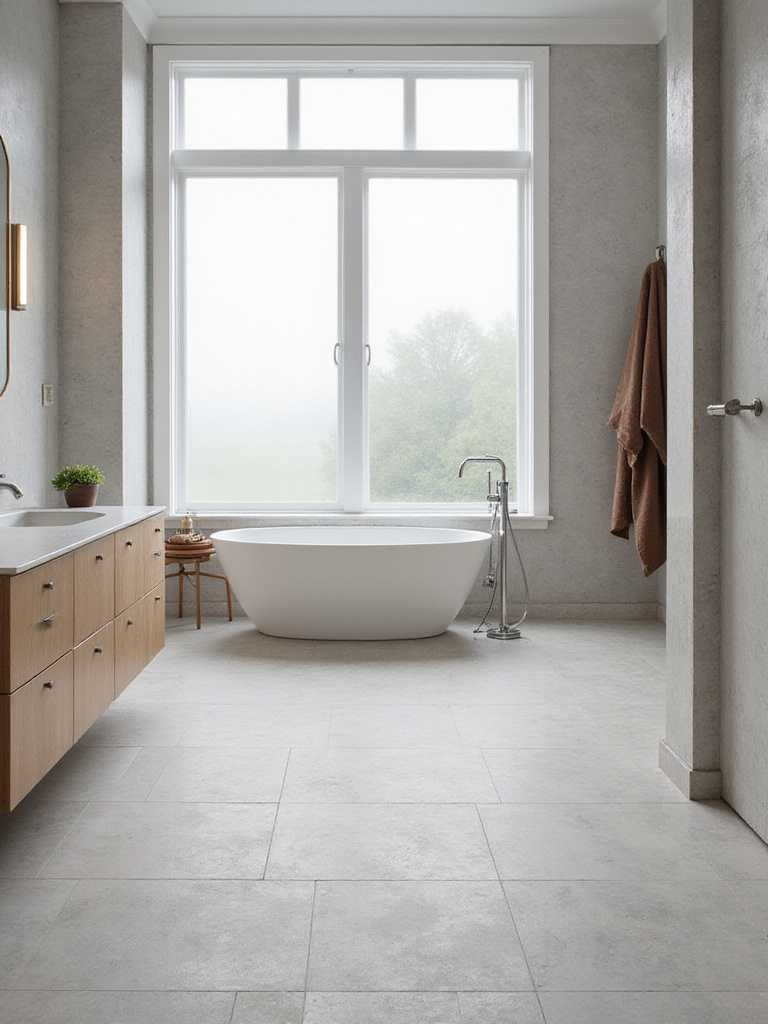 A serene bathroom with light gray porcelain tile flooring matching the design goals.
