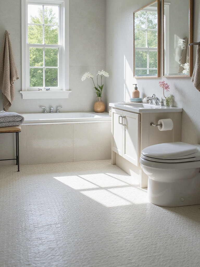 A modern bathroom showcasing slip-resistant flooring surfaces with natural light.