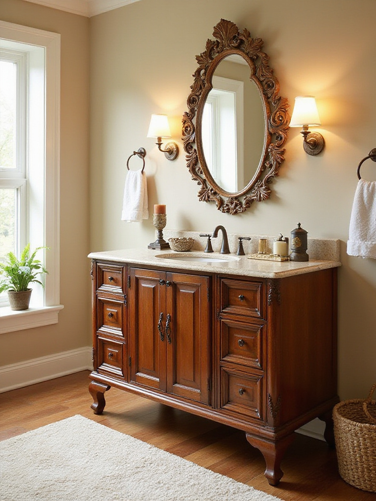 Furniture-style base cabinet vanity in a beautifully lit bathroom setting