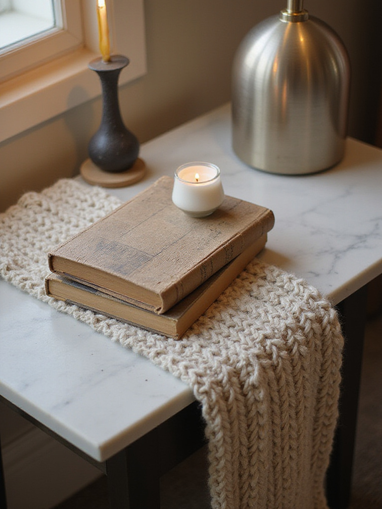 Styled end table showcasing various textures including polished marble, chunky knit, vintage books, and a metal lamp.