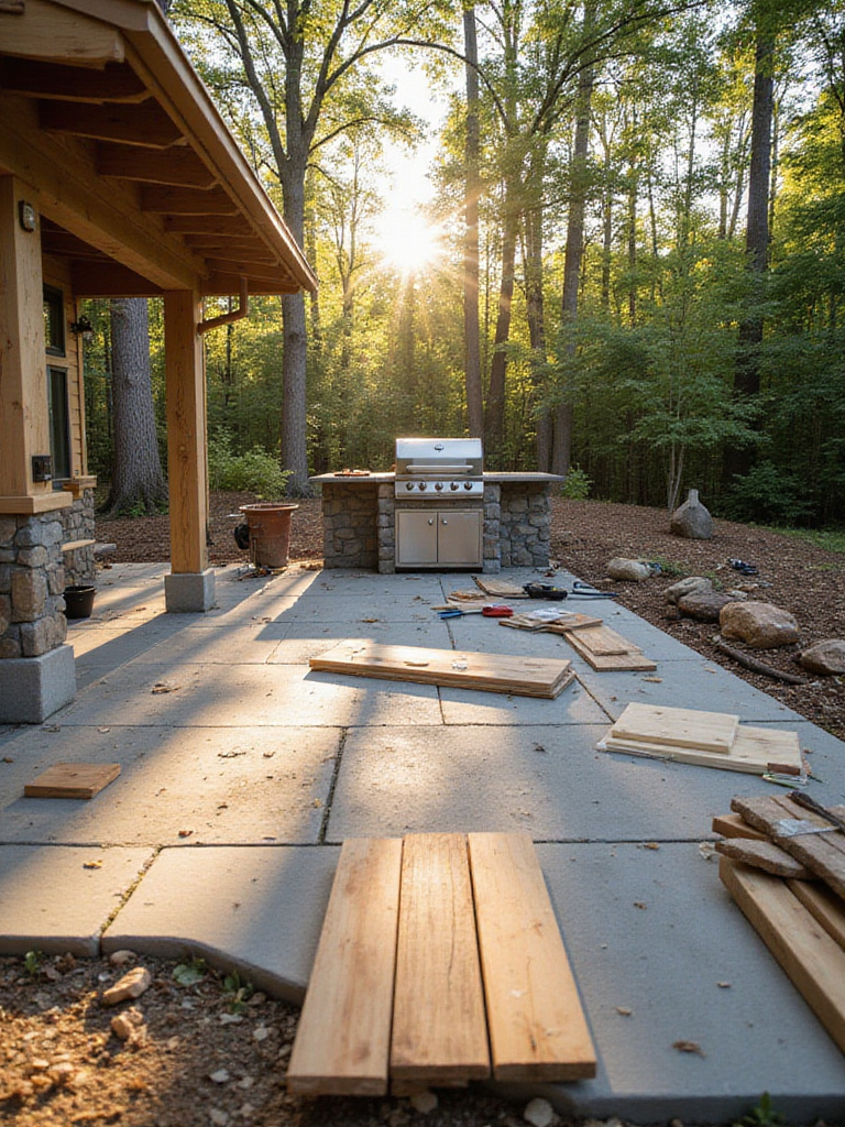 Outdoor kitchen patio construction scene emphasizing building codes and permits