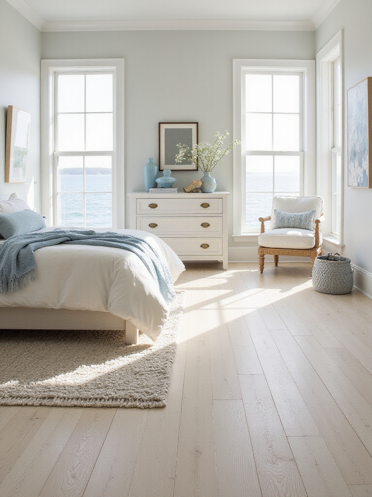 Coastal bedroom with light-colored wood flooring and natural light streaming in