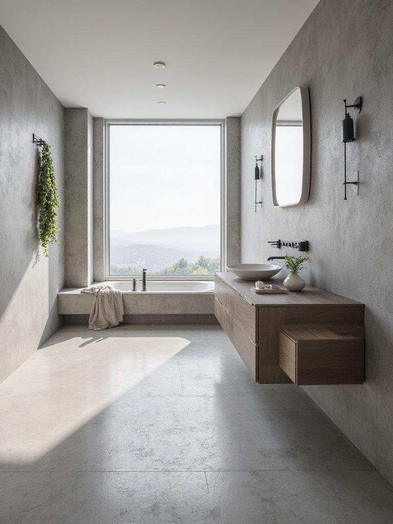 Modern bathroom with polished concrete flooring and contemporary fixtures