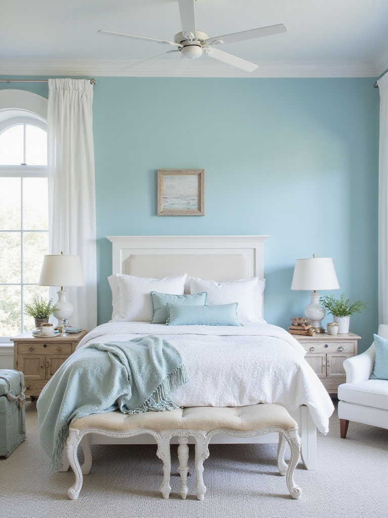 A serene coastal bedroom with walls painted crisp white and ocean blue shades.