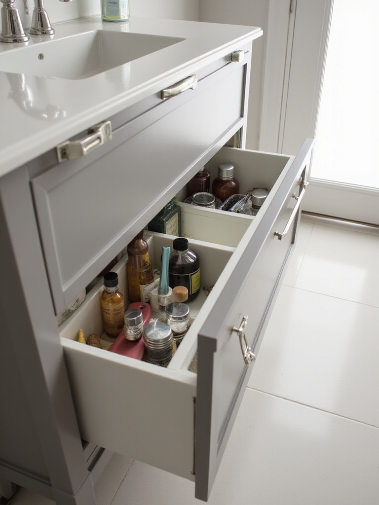 Bathroom vanity with deep drawers organized with bathroom essentials