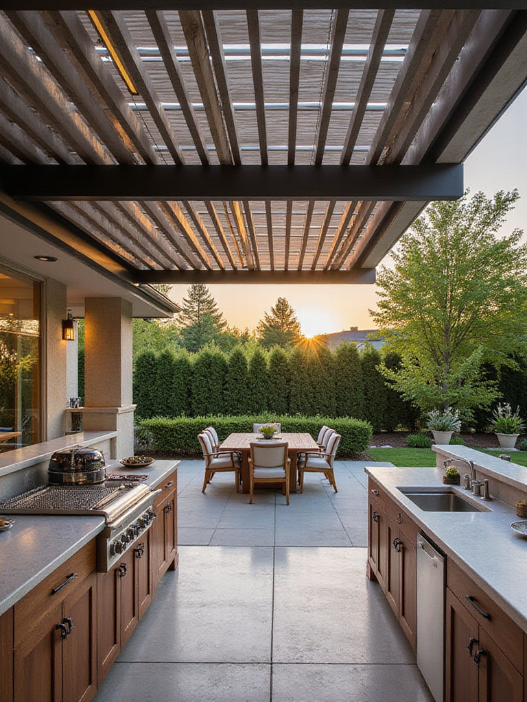 Outdoor kitchen patio with modern louvered pergola providing shade