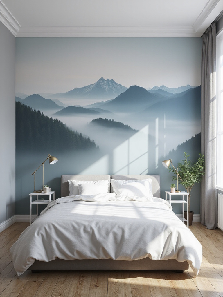 Stylish bedroom with misty mountain mural creating a tranquil atmosphere