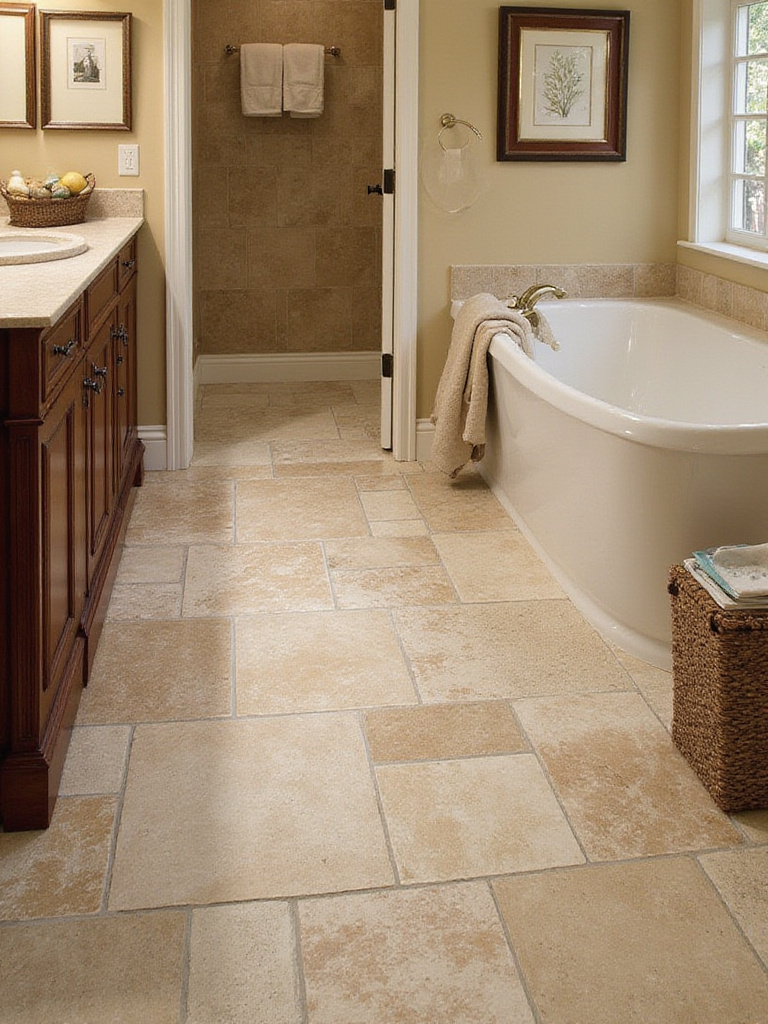 A stylish bathroom floor with natural stone tiles, emphasizing the importance of maintenance and sealing.