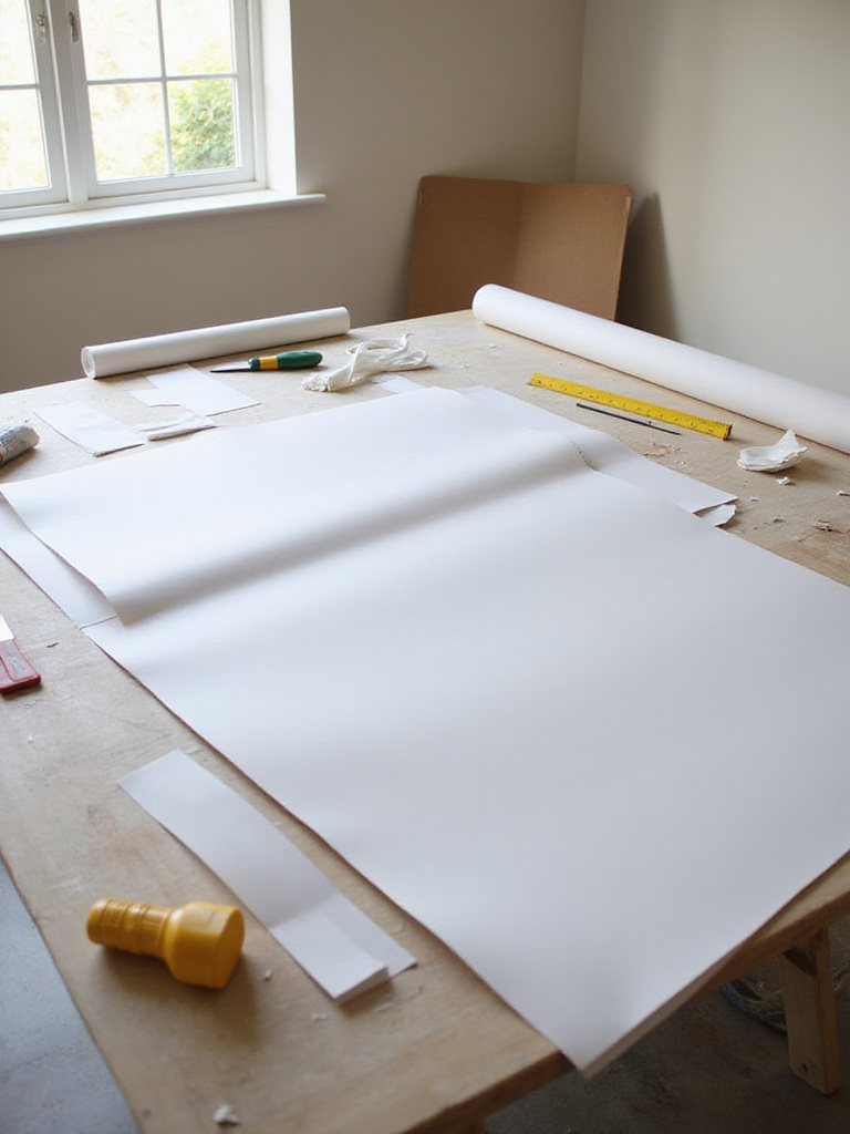 A workspace with wallpaper rolls and tools for budgeting a wallpaper project