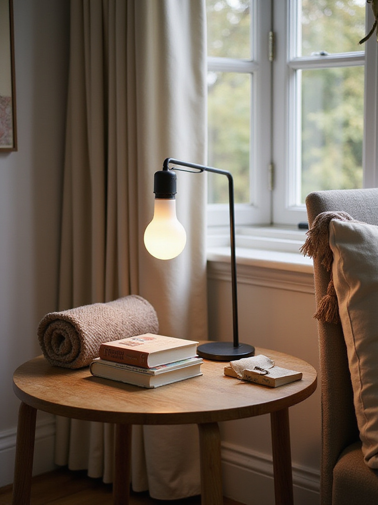 A stylish end table with a reading lamp, books, and a cozy throw