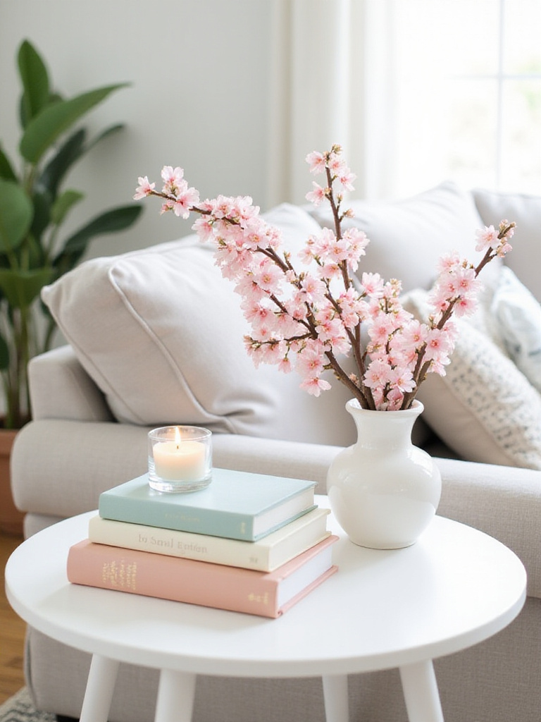 Spring-themed end table decor with faux cherry blossoms and pastel book.