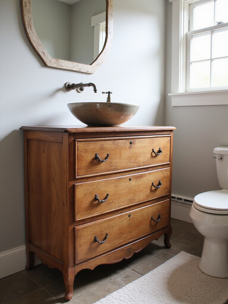 An upcycled vintage dresser converted into a bathroom vanity with a vessel sink.