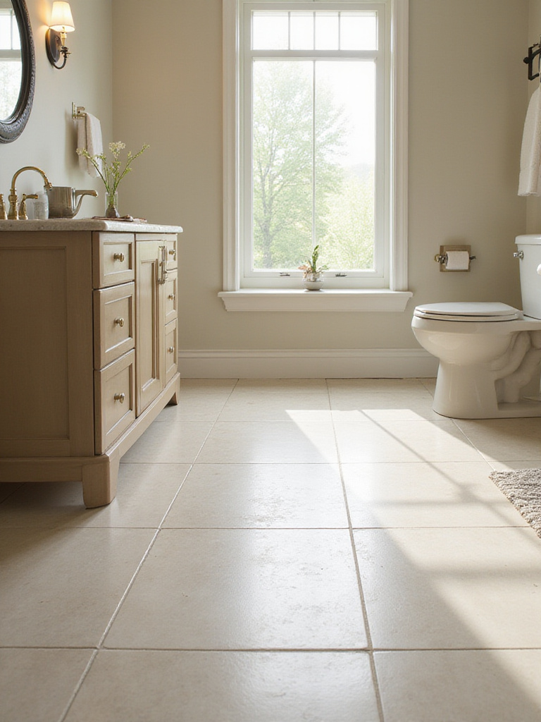 Elegant bathroom showcasing seamless sheet vinyl flooring.