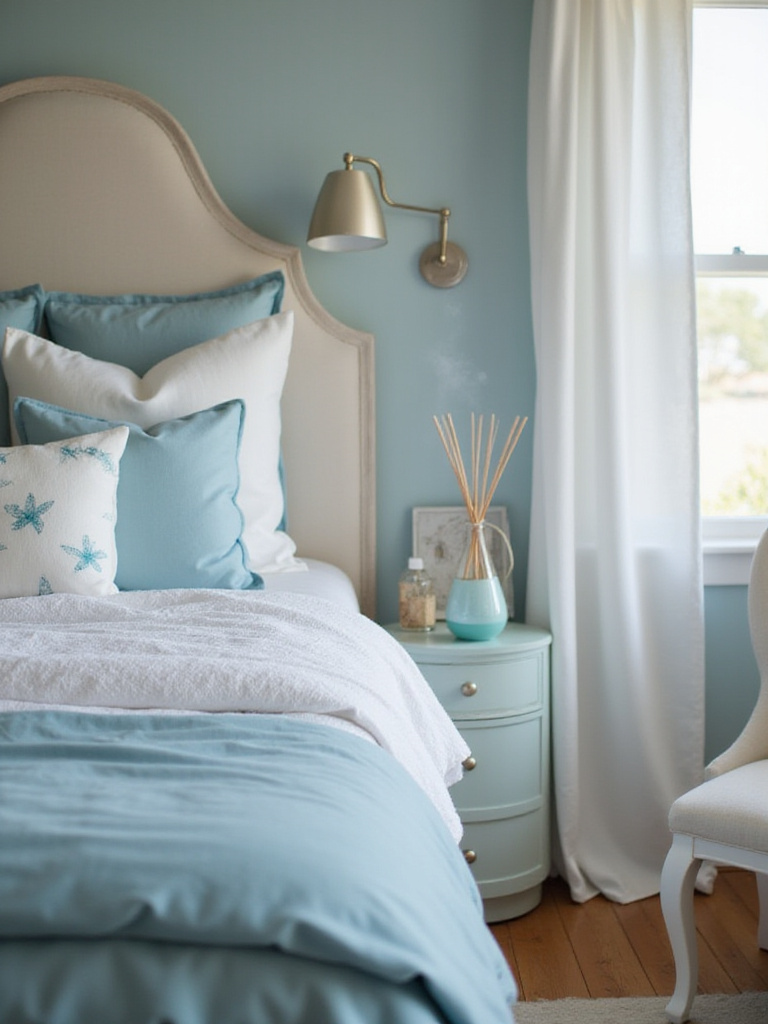 A serene coastal bedroom featuring ocean breeze fragrances with a reed diffuser on the nightstand.
