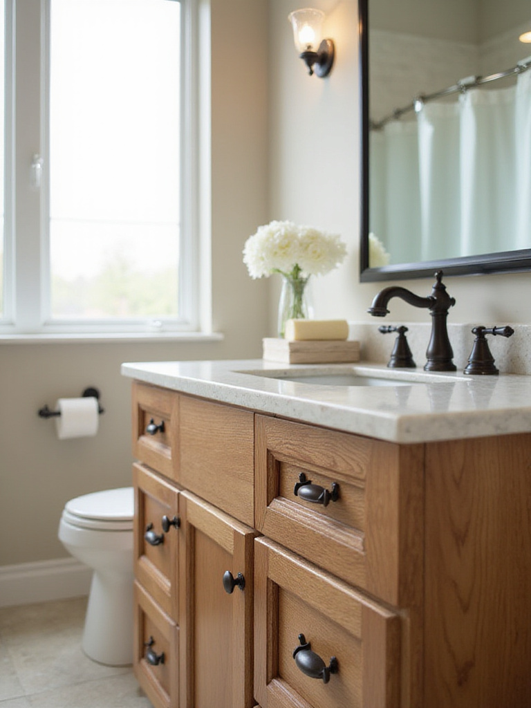 Stylish bathroom vanity with oil-rubbed bronze hardware and natural lighting