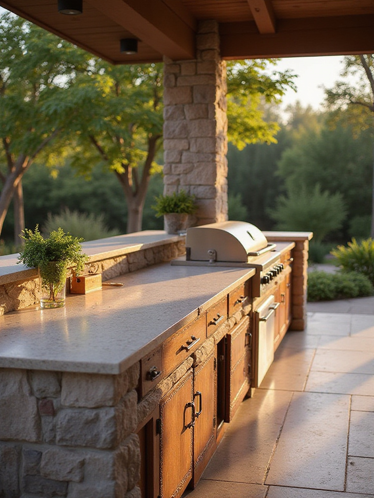 Outdoor kitchen featuring a heat and stain resistant countertop surface under warm sunlight.