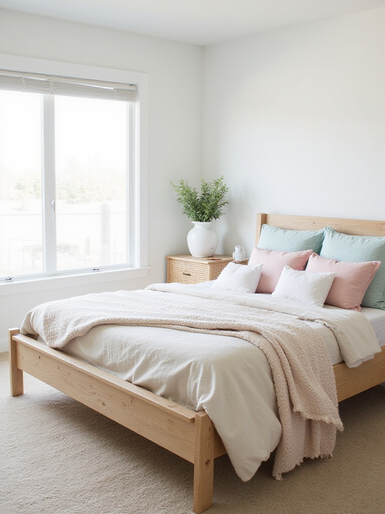 Coastal bedroom with light wood and rattan furniture, showcasing a serene atmosphere.