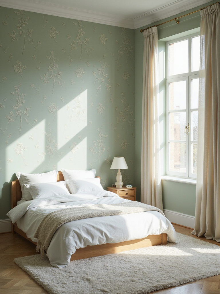Serene bedroom with soft sage green wallpaper and cozy bedding