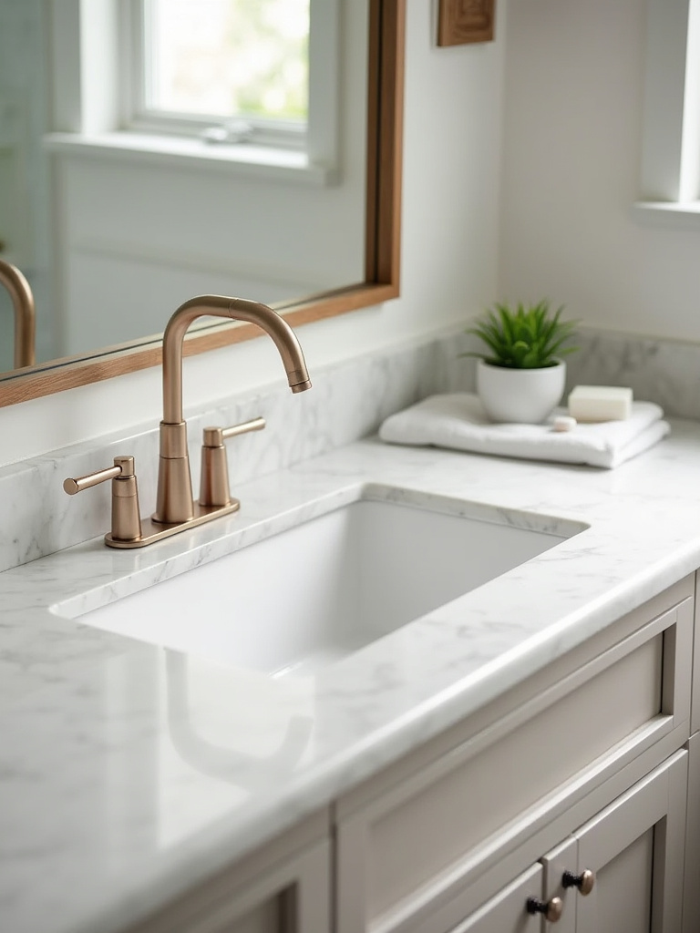 Elegant bathroom featuring an undermount sink with quartz countertop and minimalist decor