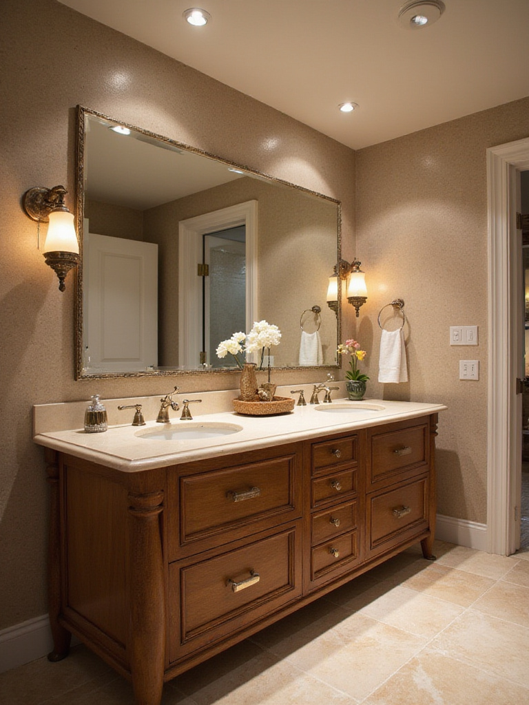 Elegant double vanity with two sinks in a luxurious bathroom setting, showcasing modern design and functionality.