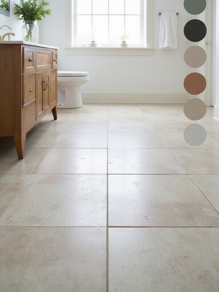 Professional photo of a tiled bathroom floor with grout color samples.