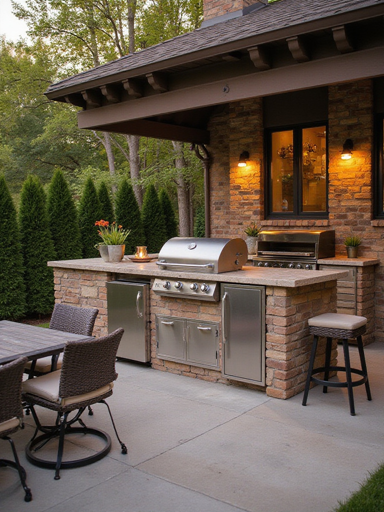 Outdoor kitchen patio with grill and elegant countertops under warm lighting