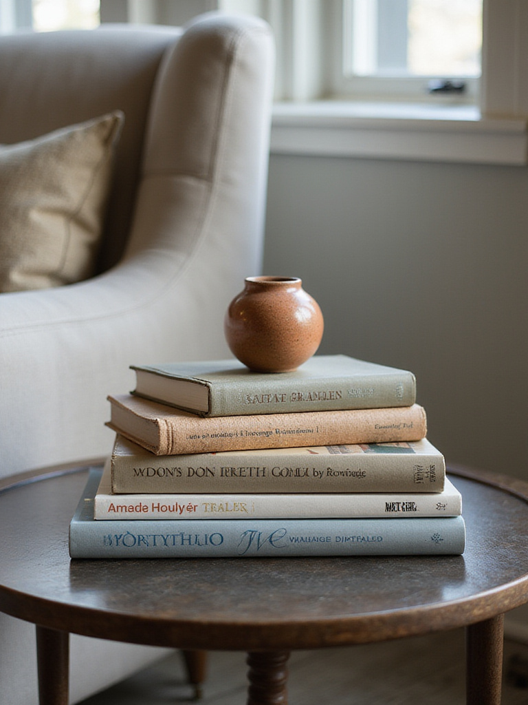 A stack of stylish books on an end table with a decorative object on top.