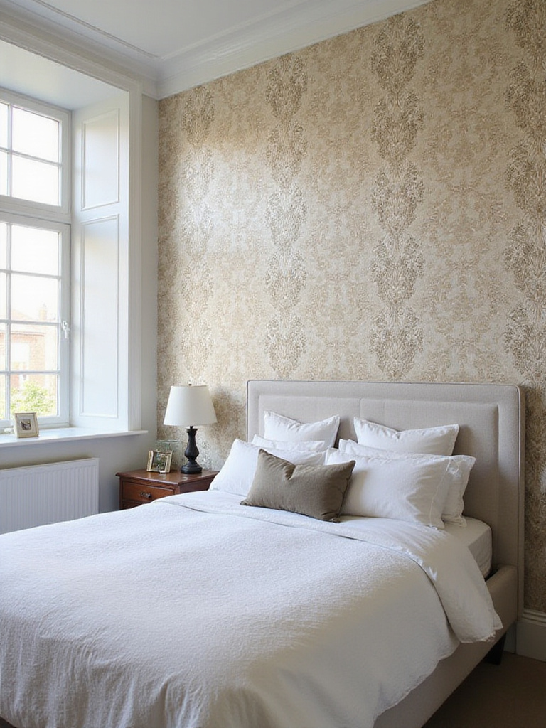 Stylish bedroom with accent wallpaper and natural lighting