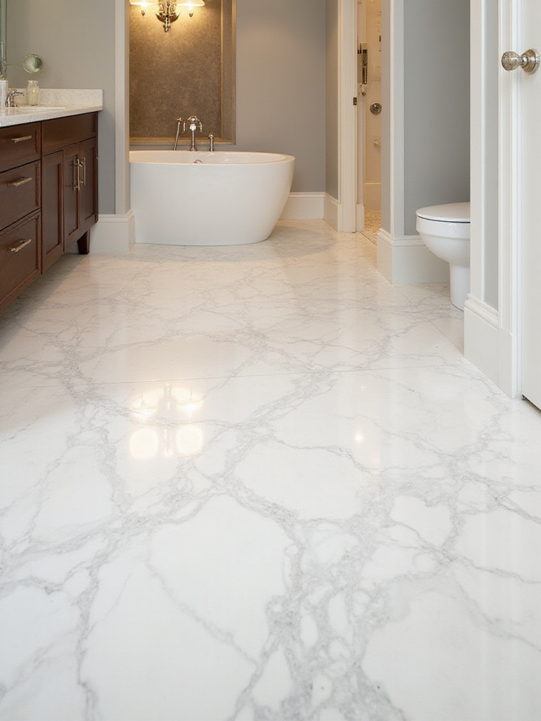 Luxurious bathroom with Carrara marble flooring, showcasing intricate veining patterns and elegant fixtures.
