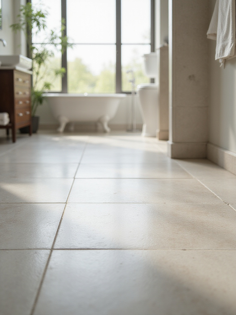 Stylish bathroom featuring porcelain tile flooring, showcasing water-resistant properties.