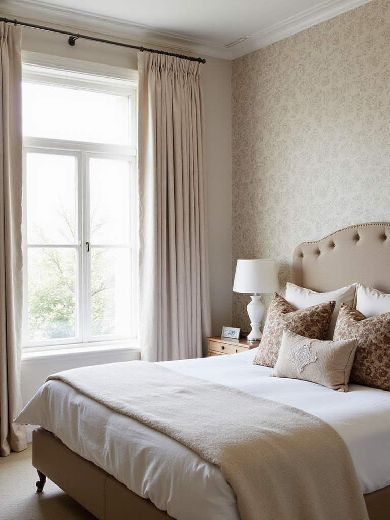 Stylish bedroom with harmonizing wallpaper and decor
