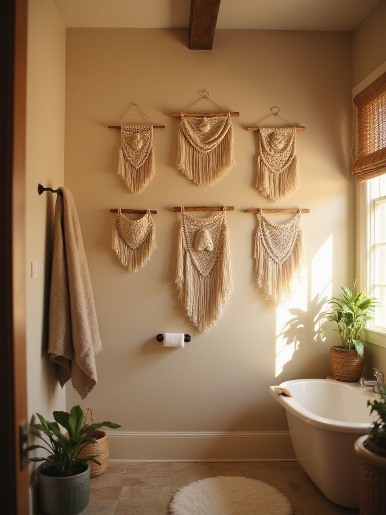 A cozy small bathroom with macrame and textile art pieces hanging on the walls.