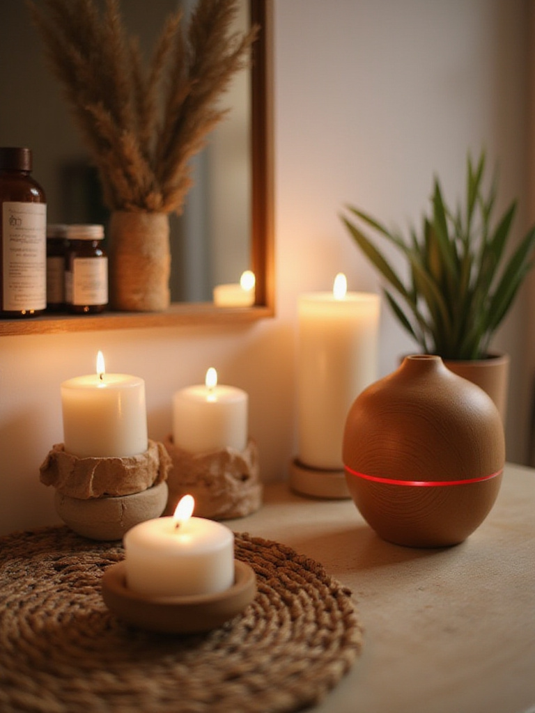 Cozy boho bathroom with warm lighting from candles and diffusers