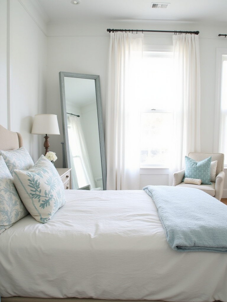 Coastal bedroom with large mirror reflecting light