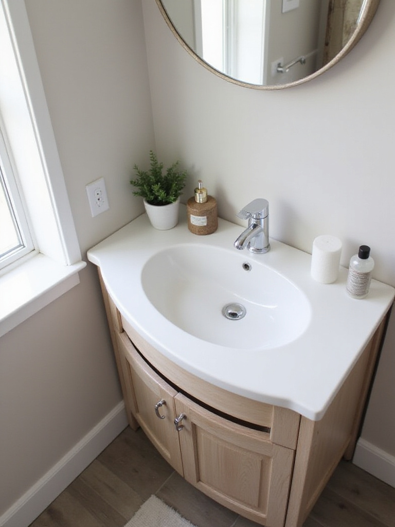 Corner bathroom vanity in a small, well-lit bathroom