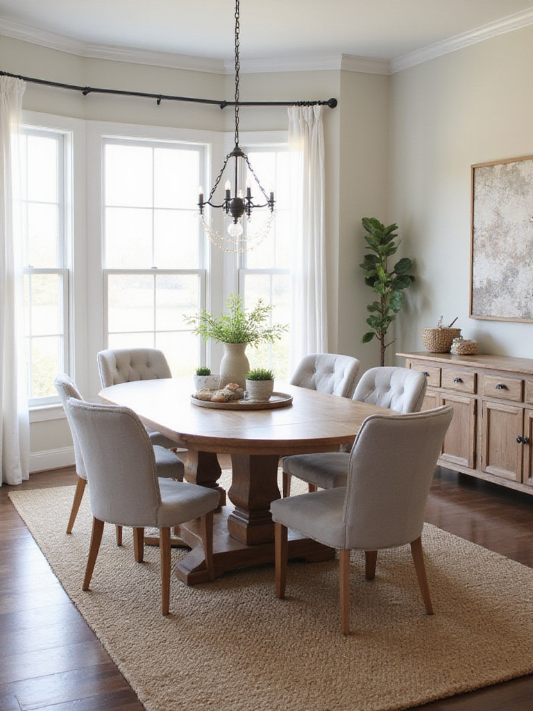 Farmhouse dining room layout optimized for flow with a round table and comfortable chairs.