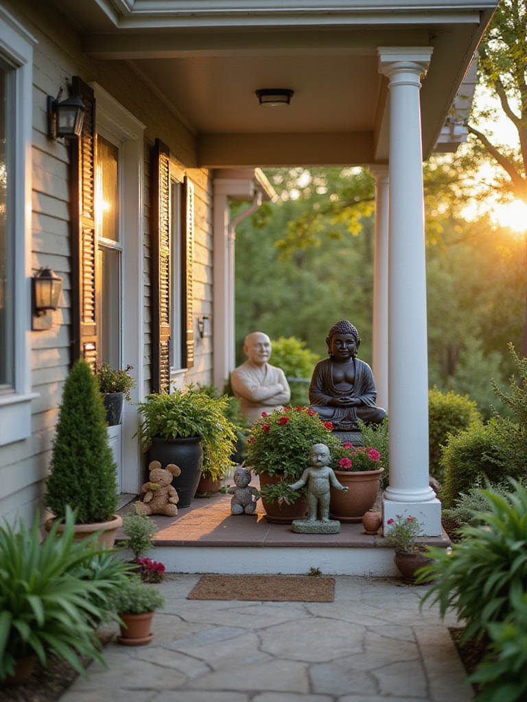 Front porch decorated with garden statues and whimsical figurines