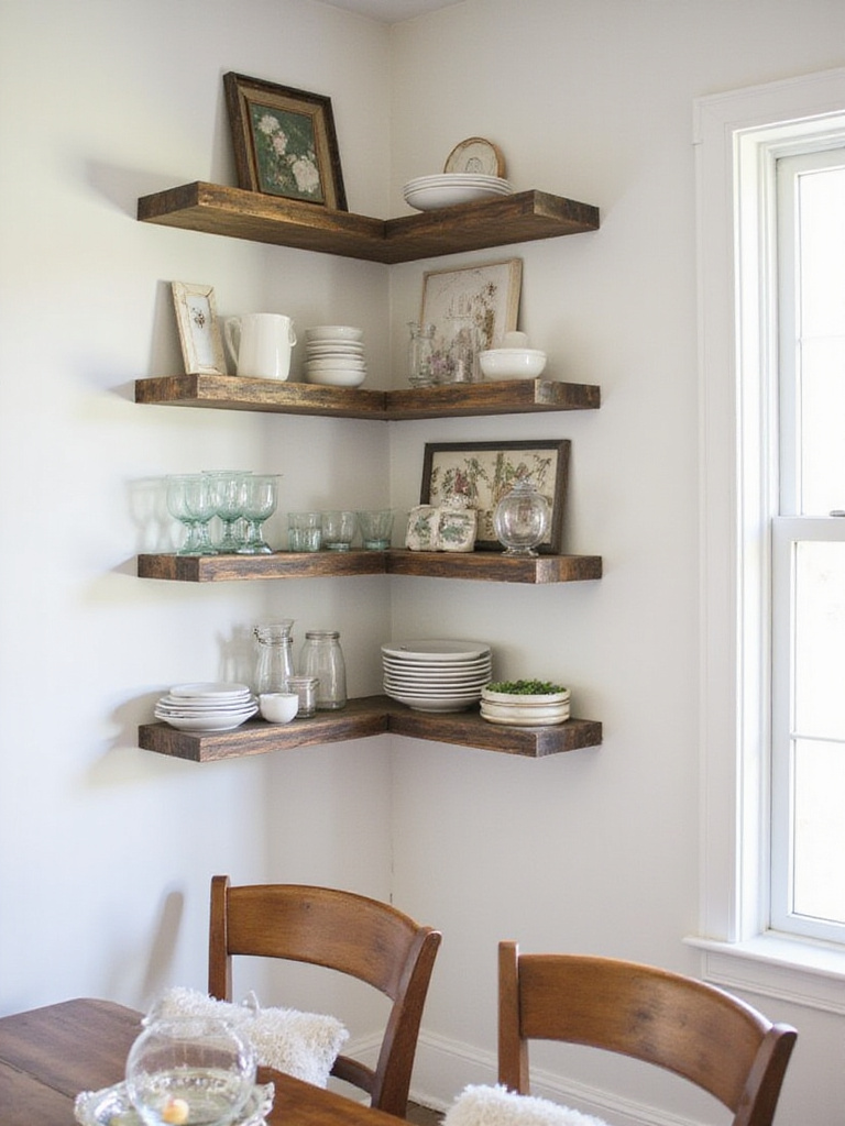 Farmhouse dining room with open shelving displaying decorative storage