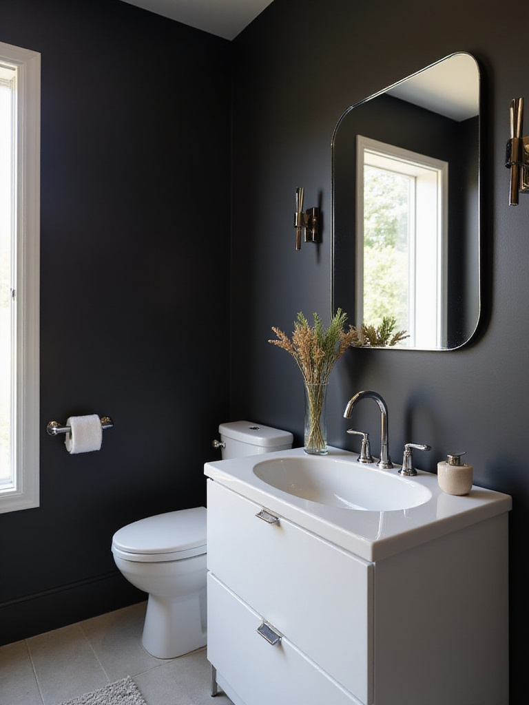 Modern bathroom with a single black accent wall and white fixtures