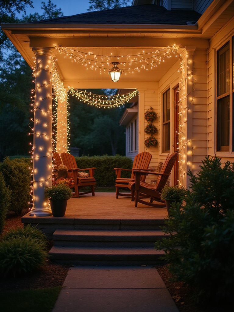 A front porch beautifully decorated with warm white festoon lights at dusk, creating a whimsical and inviting atmosphere.