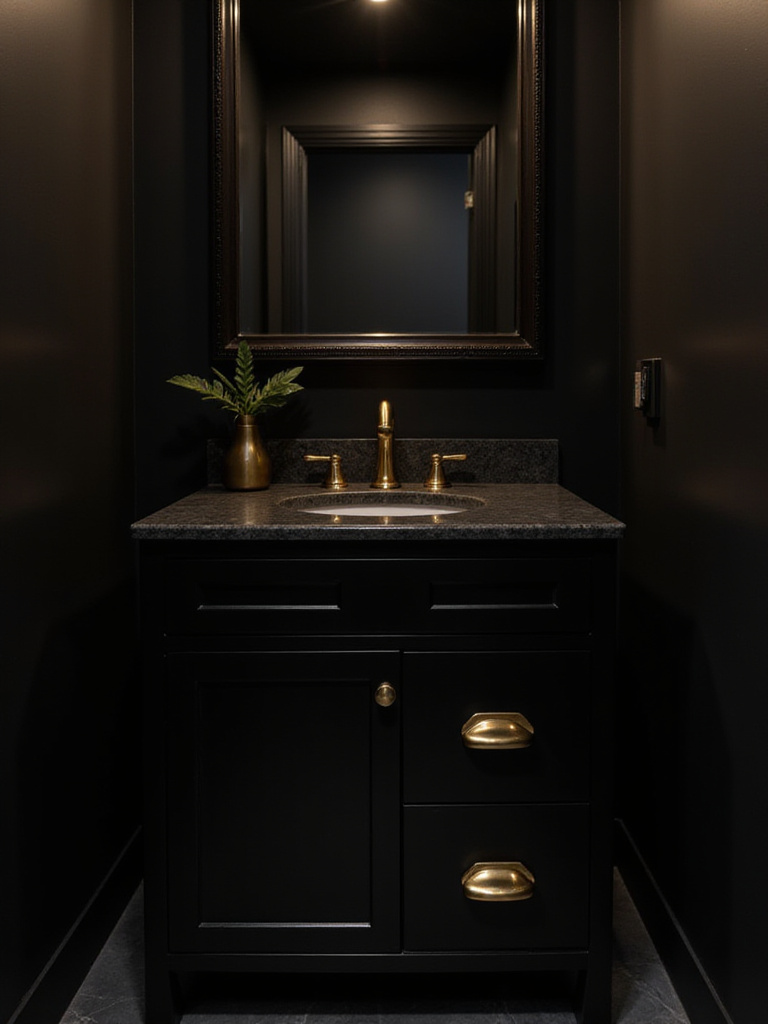 Luxurious black bathroom with gold and brass hardware accents