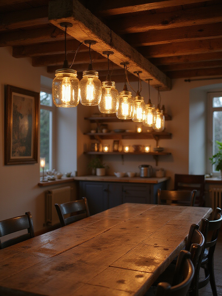 Rustic dining room with mason jar lights hanging from a wooden beam