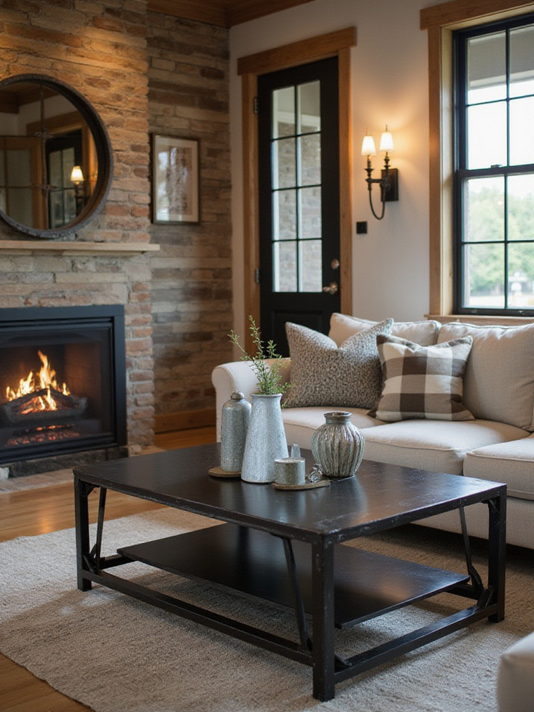 Cozy farmhouse living room with black metal and galvanized finishes