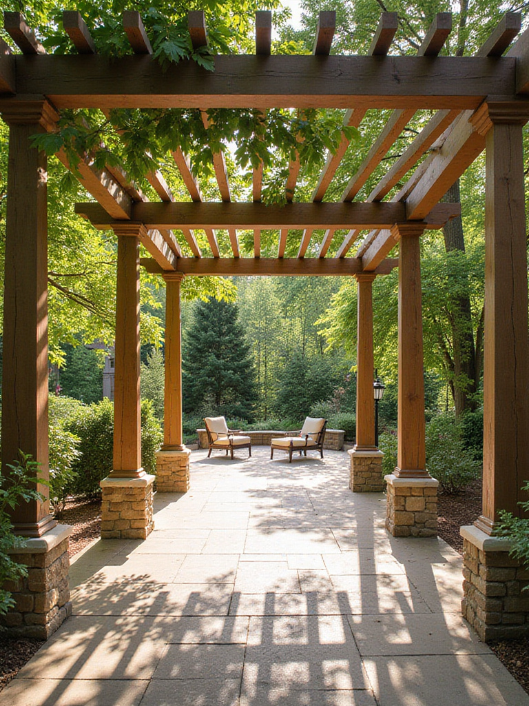 Elegant pergola providing shade over a beautifully designed patio with lush greenery.
