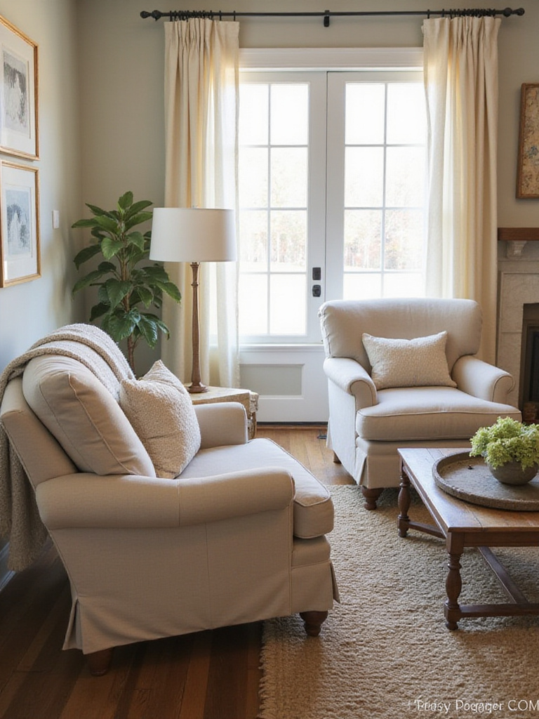 Cozy farmhouse living room with oversized upholstered armchairs and natural lighting