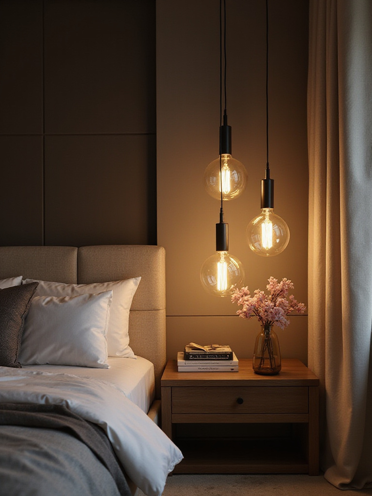 Modern luxury bedroom with suspended pendant lights above a minimalist bedside table.