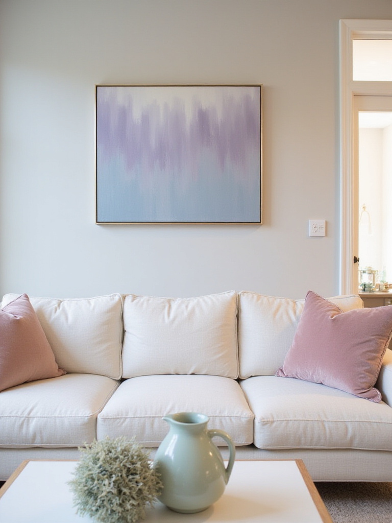 Living room featuring pastel accent colors with a cream sofa and decorative elements.