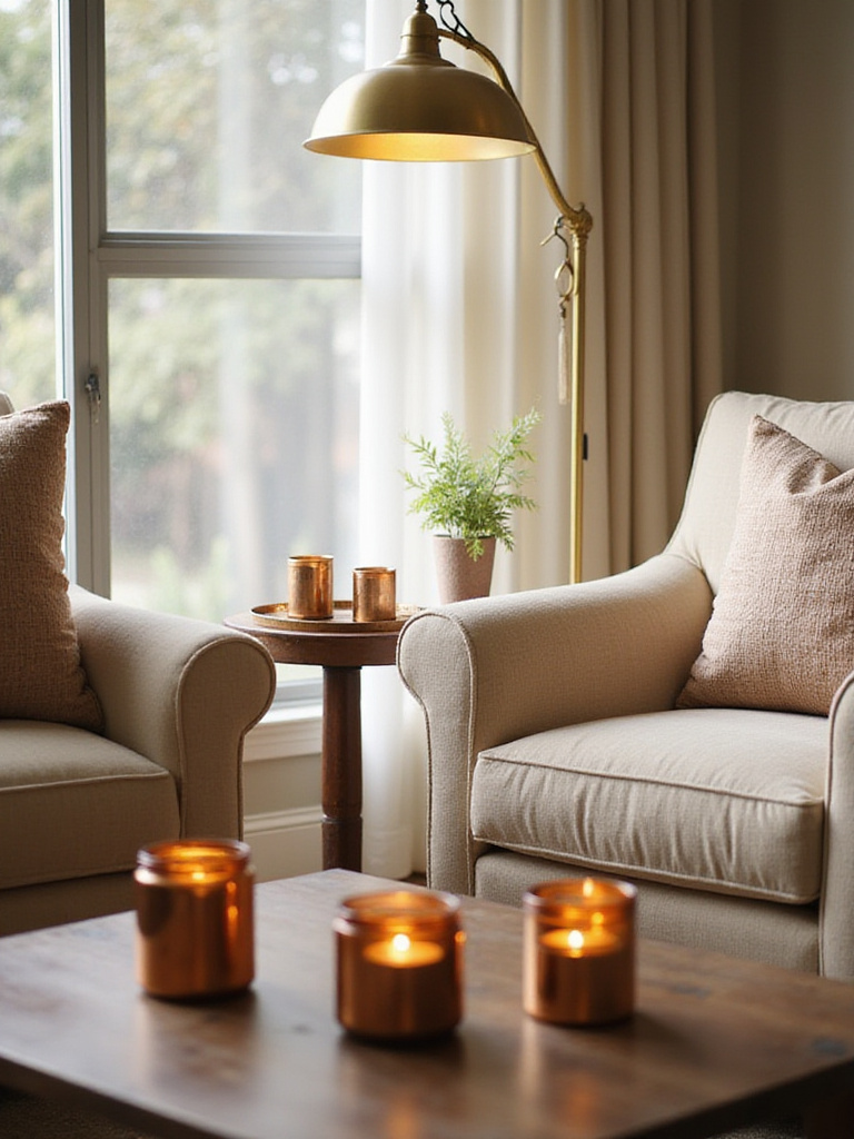 Cozy cottage living room with warm metal accents, including brass lamp and copper votive holders.