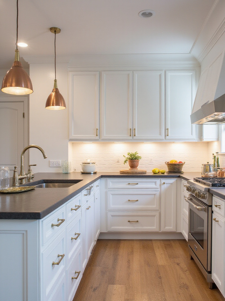 Contemporary kitchen with subtle metallic accents including brass pulls and copper pendant lights